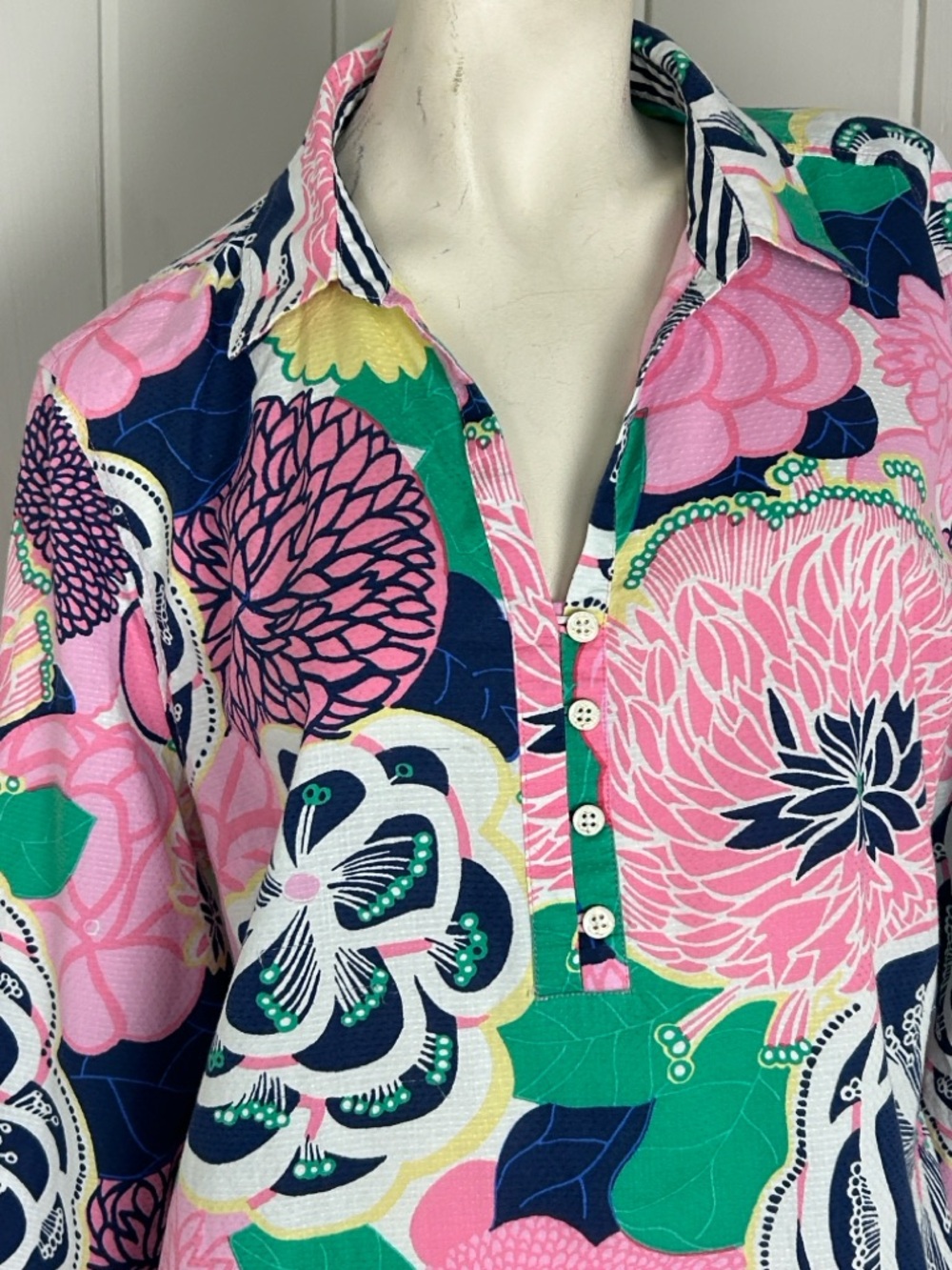 Talbots Floral Tunic Top Pink Blue Green Button Front Cotton Boho Preppy XL - Picture 6 of 10